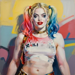 greg manchess portrait painting of margot robbie as beautiful thick very muscular roided harley quinn showing abs, wide roided face, medium shot, asymmetrical, profile picture, organic painting, sunny day, matte painting, bold shapes, hard edges, street art, trending on artstation, by huang guangjian and gil elvgren and sachin teng