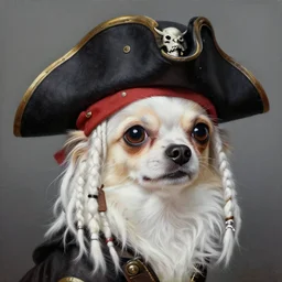 a detailed and accurate masterpiece painting of a pirate chihuahua chihuahua with white dreadlocks, white hair dreads, sharp detail, by tyler edlin, noah bradley, john j. park, jordan grimmer trending on artstation