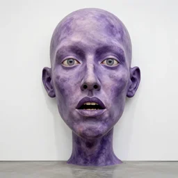 washed - out outrun, tyrian purple by evelyn de morgan. a beautiful installation art of a giant head. the head is bald & has a big nose. the eyes are wide open & have a crazy look. the mouth is open & has sharp teeth. the neck is long & thin.
