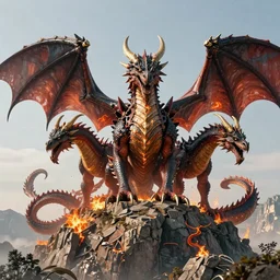 Tiamat the Dragon with five heads, standing on top of the world getting ready to burn it to the ground, digital art, wide shot, 8k