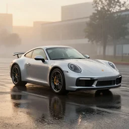 parked silver porsche 9 1 1 gt, fog, rain, volumetric lighting, beautiful, golden hour, sharp focus, highly detailed, cgsociety