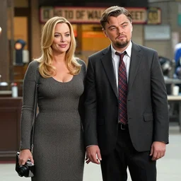 leonardo dicaprio as the wolf of wall street standing next to margot robbie, cinamtic, long shot, hyper detailed, 8 5 mm photograph, 8 k resolution, film still, sharp lens, wide lens