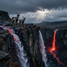 satanic mountain goats with glowing red eyes on a sheer obsidian cliffside with lavaflow, lava waterfalls