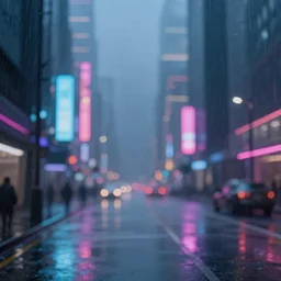digital painting of a futuristic neon city rainy bokeh in the background, a sharp flying car in the foreground
