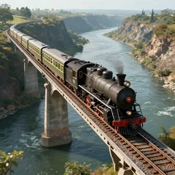 a 3 d render of a realistic looking train on a bridge crossing a large river valley, steam train, highly detailed, hyperealistic, cinematic lighting, rule of thirds, wide perspective, 8 k textures, insane detail, octane render, 3 d, train, choo choo,