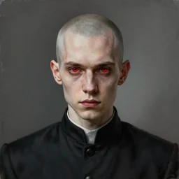 portrait painting of a badass young pale clean shaven man with red eyes wearing a black cassock, ultra realistic, concept art, intricate details, eerie, highly detailed, photorealistic, octane render, 8 k, unreal engine. art by artgerm and greg rutkowski and charlie bowater and magali villeneuve and alphonse mucha
