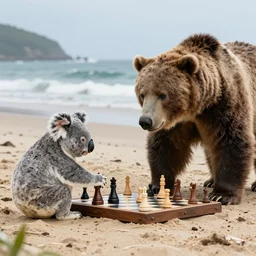 a koala bear and grizzly bear playing chess at the beach