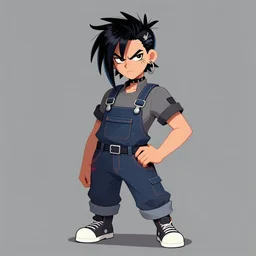 a punk girl who is a mechanic wearing overalls, posing angrily, grey background, illustration, character concept design, trending on artstation
