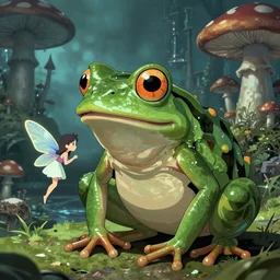A portrait of a scary godlike frog eating a fairy. award winning. superb resolution. in the art style of junji Ito and greg rutkowski . Detailed Mushroom city in background. Hyper realistic anime. Perfect art. Dalle2