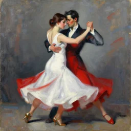 emotional tango dancer girl in white and red dress, painting by phil hale, fransico goya,'action lines '!!!, graphic style, visible brushstrokes, motion blur, blurry, visible paint texture, crisp hd image