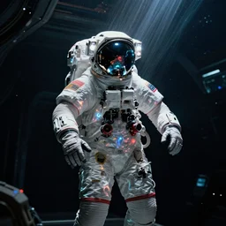 concept art by craig mullins astronaut in futuristic dark and empty spaceship underwater. infrared complex and hyperdetailed technical suit. mandelbulb fractal. reflection and dispersion materials. rays and dispersion of light. volumetric light. 5 0 mm, f / 3 2. noise film photo. flash photography. unreal engine 4, octane render. interstellar movie art
