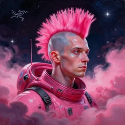 space pirate neon ship, portrait big punk, pink, mohawk, beautiful clear faces by tom bagshaw, arcteryx, space, hyperdetailed illustration, stars, neon, oil painting, rich deep colors masterpiece, ultra detailed, contrast, heaven pink, clouds, volumetric light, atmospheric lighting, dramatic, cinematic, moody, octane render 4 k, 8 k