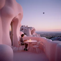 a grainy film photograph pov holiday maker on balcony in dream state alien world. pastel pink stone, lavender sky, table, chairs, candle. earth visible in sky. foam architecture. ambient light. refraction. sunset.