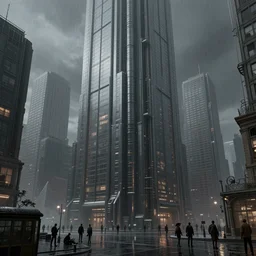 a matte painting of a massive skyscraper in this cyber - frostpunk city, many city dwellers, in the rain, highly detailed, in the style of john chamberlain and giorgio de chirico, dark moody lighting, hyper photorealism, trending on artstation, 8 k