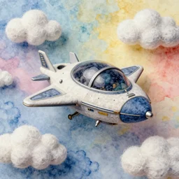 a ultradetailed watercolor art of spaceship with wool felting clouds illustration by nico delort, colorful background, 4 k resolution, high detailed, matte painting, tarot card style, spaceship design