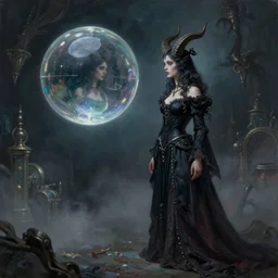 By Tom Bagshaw, ultra realist soft painting render of a curiosities carnival scene, Beautiful horned single female in long curvy gothic dress, watching an octane render of a floating transparent glass sphere, reflection and refraction, symmetry accurate features, very intricate details, deep fog, dark fantasy background, artstation
