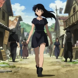 anime visual, portrait of a young female walking through a busy medieval village, face by yoh yoshinari, murata range, jean giraud, last exile, blue submarine no 6, dynamic pose, dynamic perspective, detailed silhouette, cel shaded anime
