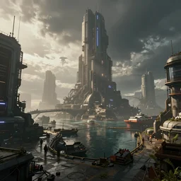 an epic render of a massive cyberpunk harbor, volumetric light, trending on artstation