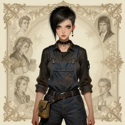 a full body portrait beautiful androgynous punk girl with short hair and beautiful eyes, beautiful face, who is a mechanic wearing overalls with a utility bag, digital concept art, detailed digital painting, ornate decorative background, very aesthetic!!!!!!, by j. c. leyendecker and edward blair leighton and charlie bowater, trending on artstation