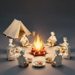 origami meal around fire camp, fantasy, intricate, elegant, highly detailed, digital painting, artstation, concept art, smooth, sharp focus illustration, art by afshar petros and krenz cushart and artem demura and tony sandoval