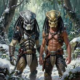 Painting of Brad Pitt vs the Predator in a snowy jungle by Katsuhiro Otomo