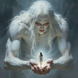an immense beautiful terrifying pale humanoid giant grabbing a tiny human in its hand. ethereal horror fantasy art by greg rutkowski and artgerm