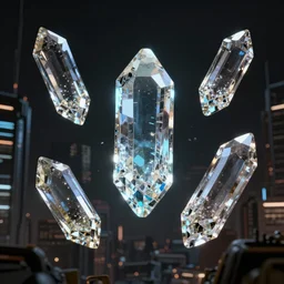fantasy of different objects made of crystal flying in the dark cyberpunk city, octane render, artstation, dslr quality, highly detailed