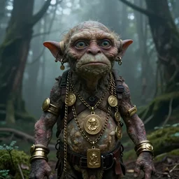 Gollum covered in rings and gold chains and medallions in a dark forest, cinematic, foggy atmosphere, photograph