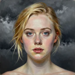 professional painting of Elle Fanning in the style of George Luks, head and shoulders portrait, symmetrical facial features, smooth, sharp focus, illustration, intricate, stormy weather, extremely detailed masterpiece,
