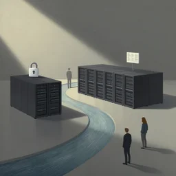 illustration of a data-center architecture or schema, security agent, data-stream or river, painting by Jules Julien, Leslie David and Lisa Frank and Peter Mohrbacher and Alena Aenami and Dave LaChapelle muted colors with minimalism