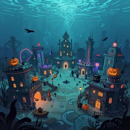 a horror based underwater suburb based on an amusement park during halloween that takes place incredibly deep underwater and is built on the idea of ship graveyard, halloween decorations, underwater city, amusement park, spooky, amusement park attractions, deep sea, horror themed, fun, in the simpler colored style of harper groff