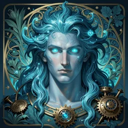 the god poseidon, water hair, glowing eyes, volumetric lights, blue and cyan scheme, art nouveau botanicals, gothic, intricate, highly detailed, digital painting, artstation, concept art, smooth, sharp focus, symmetric face, illustration, steampunk, art by artgerm and greg rutkowski and alphonse mucha