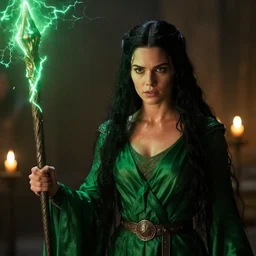 epic photo of young jessica biel as beautiful medieval sorceress with very long black hair wearing a green satin robe and metal belt, battle scene, holding her wizard staff electricity emanating from it, sweaty, neutral expression,, shallow depth of field, darkness, candle light, photorealistic, cinematic lighting, lovely bokeh, movie quality, green glow from the left, kodak film stock, anamorphic lenses 3 5 mm, conan the barbarian 1 9 8 2