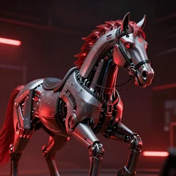 a photo of 8k ultra realistic the cybernetic horse wars, red neon, cinematic lighting, trending on artstation, 4k, hyperrealistic, focused, extreme details, unreal engine 5, cinematic, masterpiece