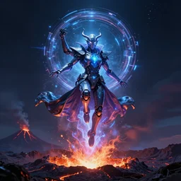 levitating cybertronic wizard, opening a shining portal, night sky, horizon of an erupting volcano, 4 k, ultra realistic, detailed, epic lighting, high detail, masterpiece, trending on artstation