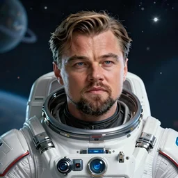 centered detailed portrait of a majestic leonardo dicaprio with beard, dressed in a spacesuit, sci - fi, futuristic, details, intricate, octane render, redshift, smooth, illustration, fairy lighting, stars and planets in the background, hyperrealistic, by dmitry prozorov, loish, and wlop, trending on artstation, hyperdetailed, hyperrealism