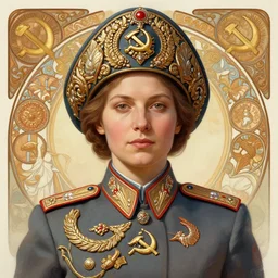 a portrait of a female soviet officer, upper half portrait, decorated with soviet motifs, russian soviet motifs, soviet, traditional russia, intricate, elegant, highly detailed, symmetry, headpiece, digital painting, artstation concept art smooth sharp focus, illustration, art by artgerm and greg rutkowski alphonse mucha 8 k