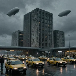 brutalist architecture, rainy day, ominous evening, crowded airport, taxis, airships, matte painting by greg rutkowski and craig mullins