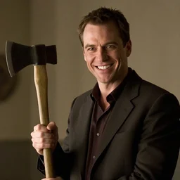 Geert Wilders grinning and holding a hatchet in the movie American Psycho