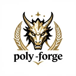 high quality logo of a medieval blacksmith forge shaped like a dragon head, for a company called poly - forge, symmetrical, award winning, rectangular!!!!!!, hearthstone, wotc, art deco!!!!!!