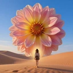 closeup giant dahlia flower under face, a girl walking between dunes, surreal photography, sunrise, blue sky, dramatic light, impressionist painting, digital painting, artstation, simon stalenhag