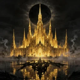 the golden spires of the carcosa palace are illuminated by huge black sun, and the lake is reflecting the shadow of yhtill's remnants curled gunsmoke. 8 k, bloodborne cg style