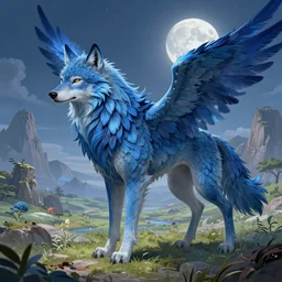 Blue feathered wolf with wings on a beautiful fantasy landscape, hills, mountains, moonlit, HD, illustration, epic, D&D, fantasy, intricate, elegant, highly detailed, digital painting, artstation, concept art, smooth, sharp focus, illustration, art by XIAODI JIN, Anthony Devine and Yigit Koroglu