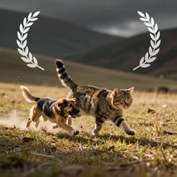 a cat chases a dog