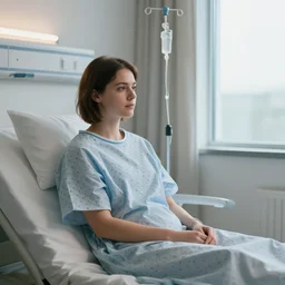 medium shot, photo of a beautiful 4 0 year old woman hospital patient sitting in a norwegian hospital room, wearing a hospital gown, with an iv drip, looking out window. studio lighting, 3 5 mm, by charlie waite, max rive, caroline foster.