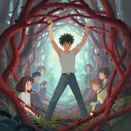 a man being grasped by a tunnel of red vines, clear detailed view. ethereal fantasy art. clean cel shaded vector art. shutterstock. behance hd by lois van baarle, artgerm, helen huang, by makoto shinkai and ilya kuvshinov, rossdraws, illustration, art by ilya kuvshinov