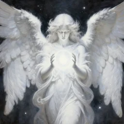 highdetailed hyperrealistic painting of white angel!!! no gender!!!, giant ball of miracle light from the chest!!!!!, white sparkles everywhere, 4 k hd fur face!!!, big wings, by jan van eyck, holography space, glow effect, large strokes, white monochrome color!!!!!