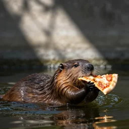 A beaver swimming, eating a slice of pizza