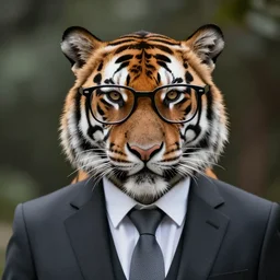 high quality portrait photo of a !tiger! dressed in a business suit and tie, !!stylish spectacles!!, !Anthropomorphic!, photography 4k, f1.8 bokeh, 4k, 85mm lens, sharp eyes, looking at camera
