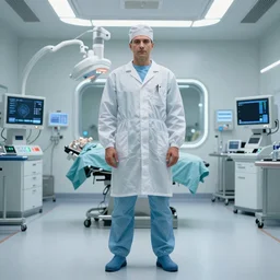 ultra realistic and intricate detailed portrait photograph of a futuristic surgeon, standing inside futuristic operating room, full length, doctor, medicine, healthcare, technology, innovation, bright modern style, depth of field, ambient lighting, award winning, magazine cover,